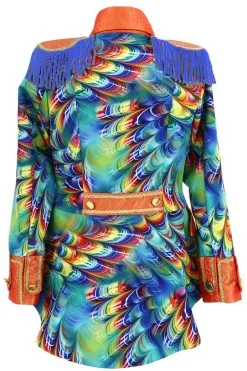 Dames Blazer Orange Rainbow Feathers -Kostuum Winkel dames blazer orange rainbow feathers achterkant