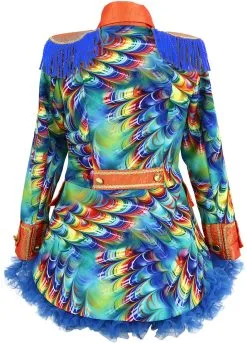 Dames Blazer Orange Rainbow Feathers -Kostuum Winkel dames blazer orange rainbow feathers achterkant met petticoat