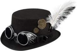 Dameshoed Steampunk Zwart Met Bril En Veren