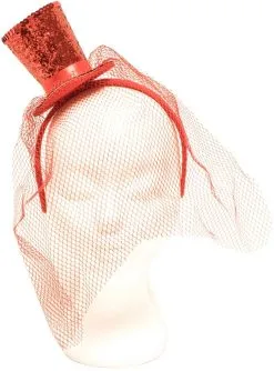 Diadeem Met Mini Hoge Hoed Glitter Rood + Sluier