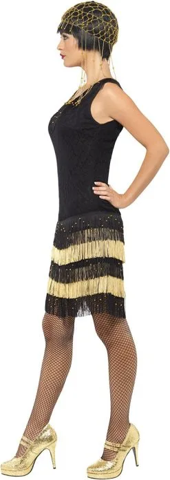 Jaren 20 Fringed Flapper Jurk Zwart-Goud -Kostuum Winkel jaren 20 fringed flapper jurk zwart goud zijkant