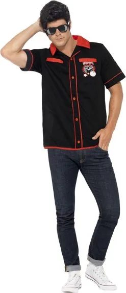 Jaren 50 Bowling Shirt Zwart-Rood