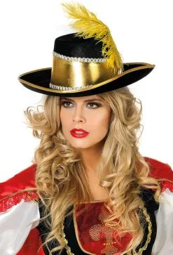 Musketier Hoed Goud-Zwart Met Veer