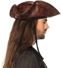 Piratenhoed Tricorne Lederlook Bruin -Kostuum Winkel piratenhoed tricorne lederlook bruin zijkant 2