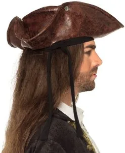 Piratenhoed Tricorne Lederlook Bruin -Kostuum Winkel piratenhoed tricorne lederlook bruin zijkant