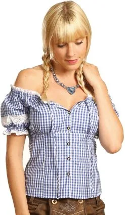 Tiroler Dames Blouse Carmen Blauw-Wit