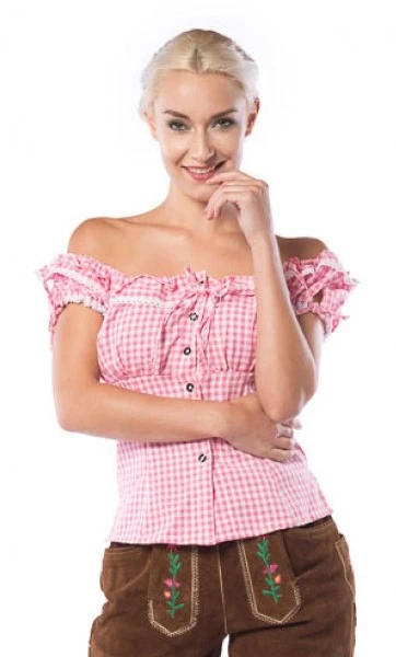 Tiroler Damesblouse Liesl Pink/Wit 1 Tiroler Damesblouse Liesl Pink/Wit