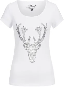 Trachten T-shirt Hert + Zilveren Pailletten Wit