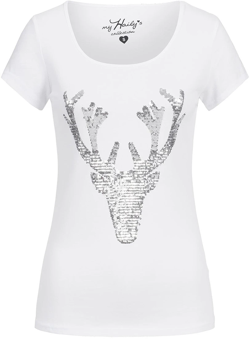 Trachten T-shirt Hert + Zilveren Pailletten Wit 1 Trachten T-shirt Hert + Zilveren Pailletten Wit