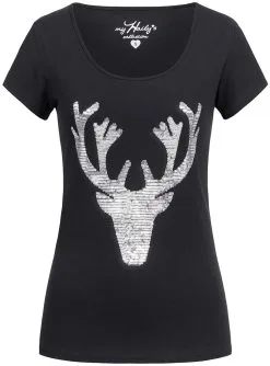Trachten T-shirt Hert + Zilveren Pailletten Zwart
