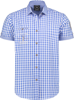 Trachtenhemd Blauw/Wit Korte Mouw (55% Katoen)
